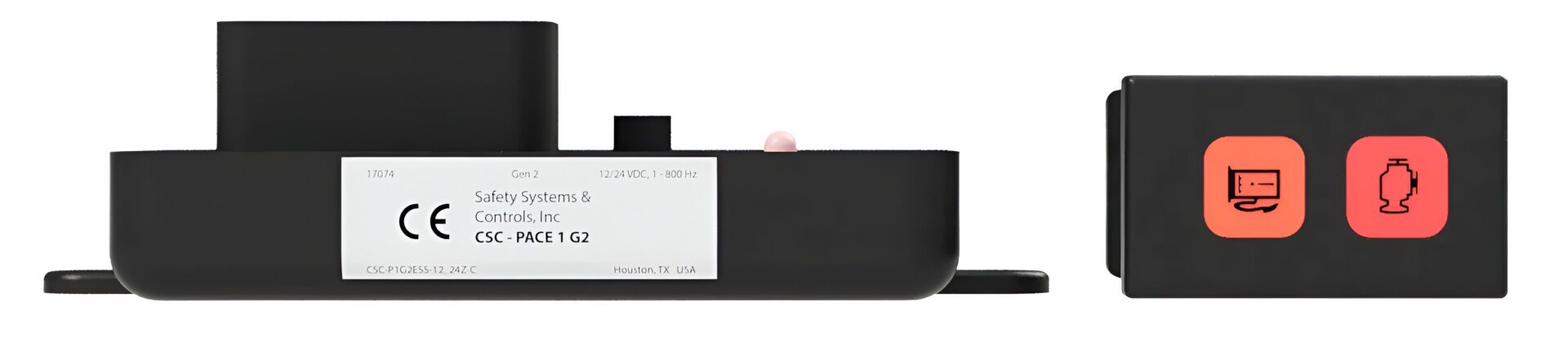 Black device with two orange buttons.