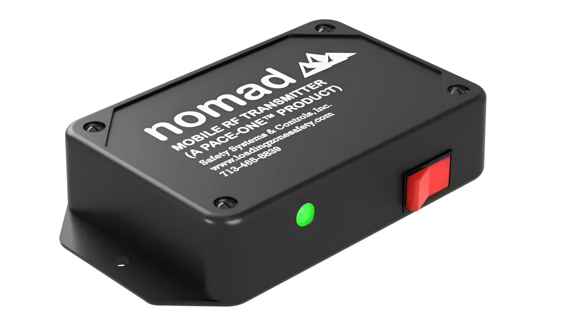 Black mobile RF transmitter with green light.