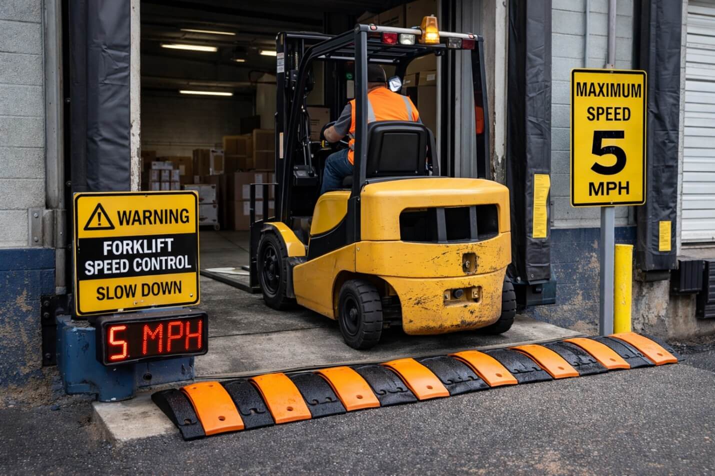 Yellow forklift entering warehouse loading dock